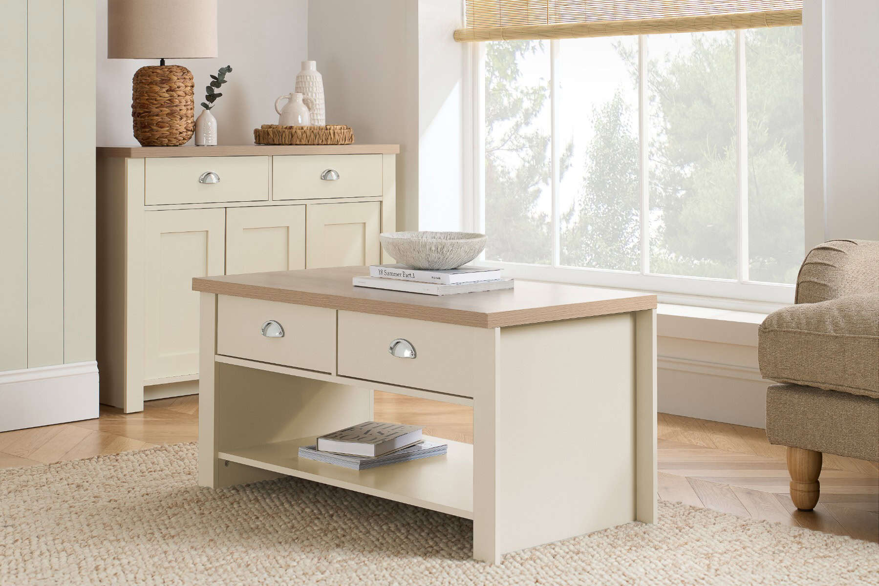 Highgate 2 Drawer Coffee Table - Cream & Oak | Buy Online | Beds.ie
