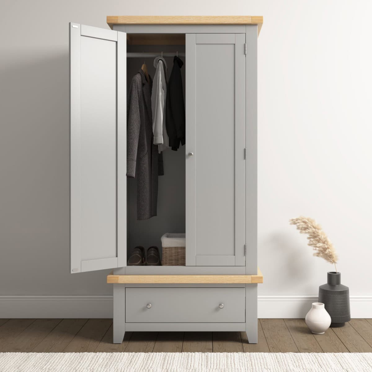 Windsor 2 Door 1 Drawer Wardrobe - Pebble Grey & Oak | Buy Online | Beds.ie