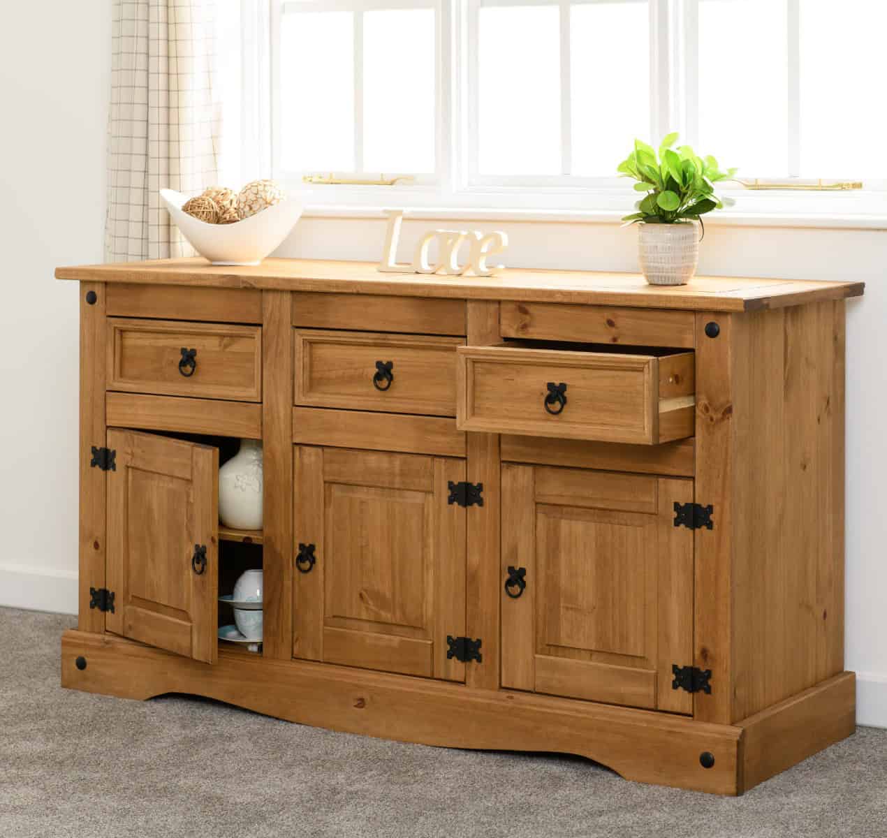 Corona 3 Door 3 Drawer Sideboard - Waxed Pine | Buy Online | Beds.ie