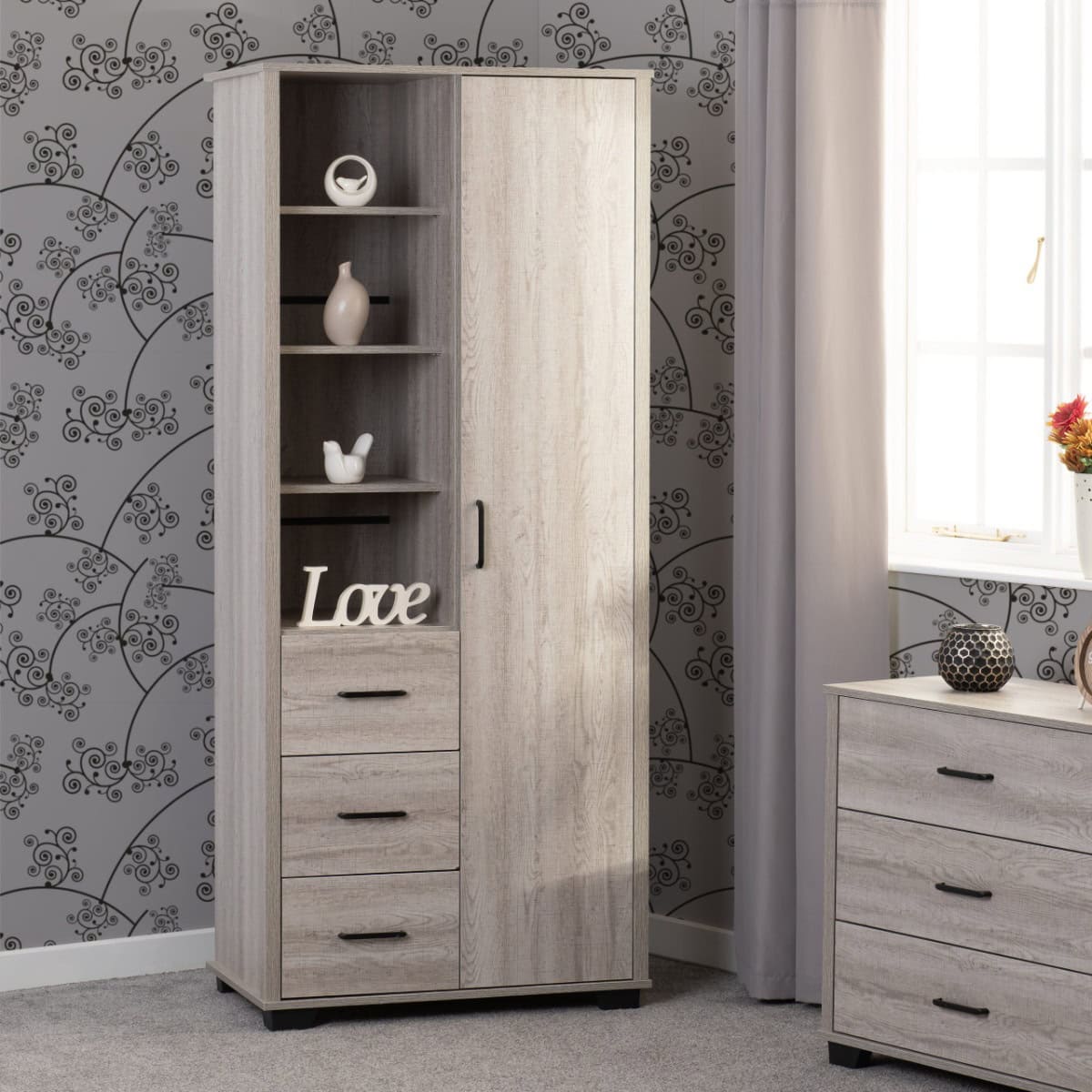 Oliver 1 Door 3 Drawer Open Shelf Wardrobe - Light Oak Effect - Image 7