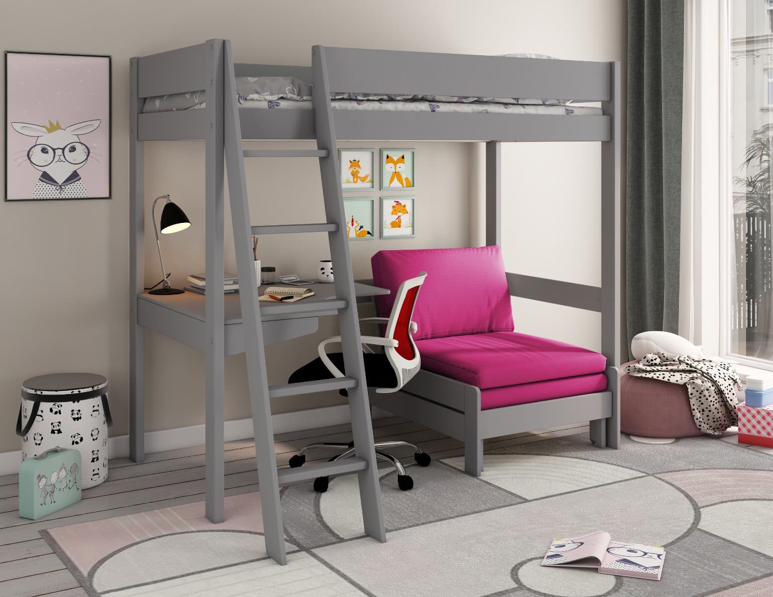 Kids Avenue Estella Grey Highsleeper with Pink Sofa Bed & Desk | Buy Online | Beds.ie