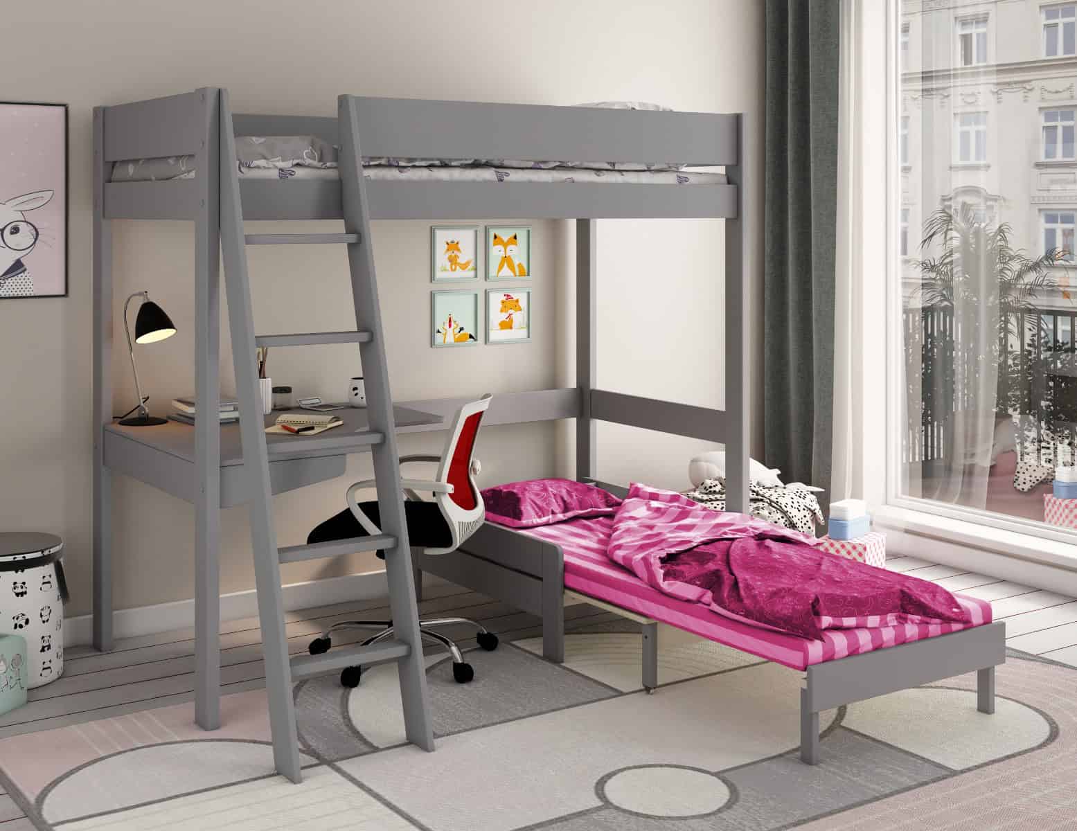 Kids Avenue Estella Grey Highsleeper with Pink Sofa Bed & Desk - Image 2