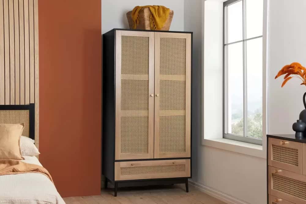 Croxley 2 Door 1 Drawer Rattan Wardrobe - Black | Buy Online | Beds.ie