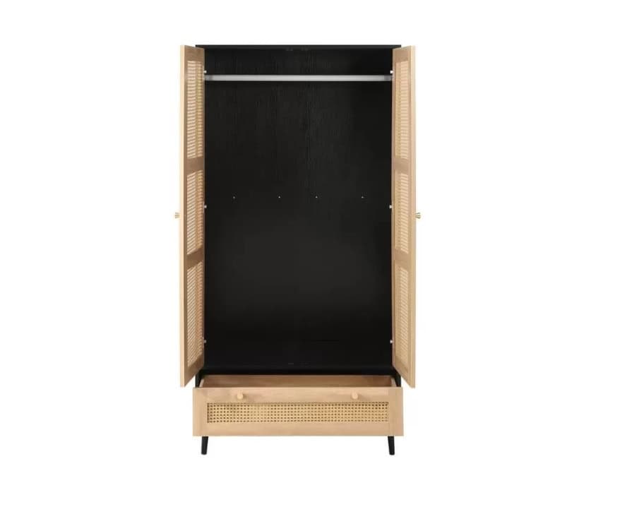 Croxley 2 Door 1 Drawer Rattan Wardrobe - Black - Image 6