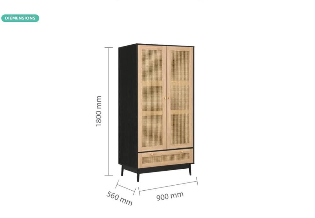 Croxley 2 Door 1 Drawer Rattan Wardrobe - Black - Image 7
