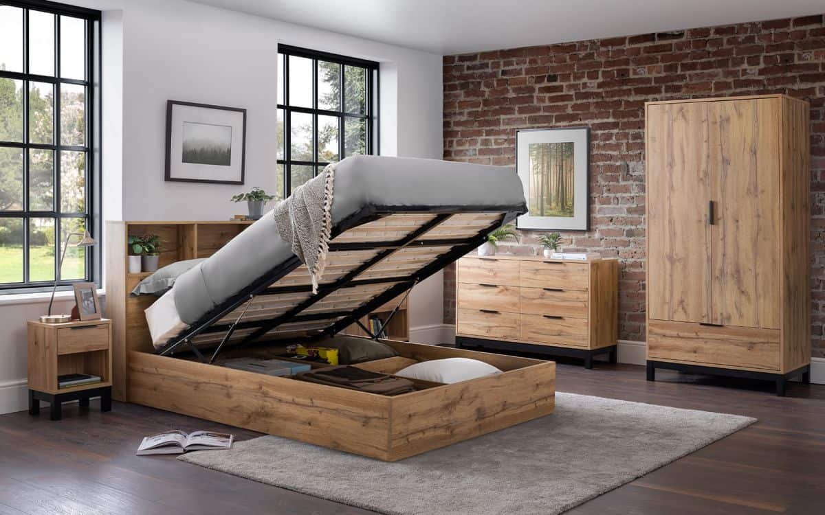 Batu 4ft6 Bookcase Headboard Ottoman Bed - Light Oak - Image 2
