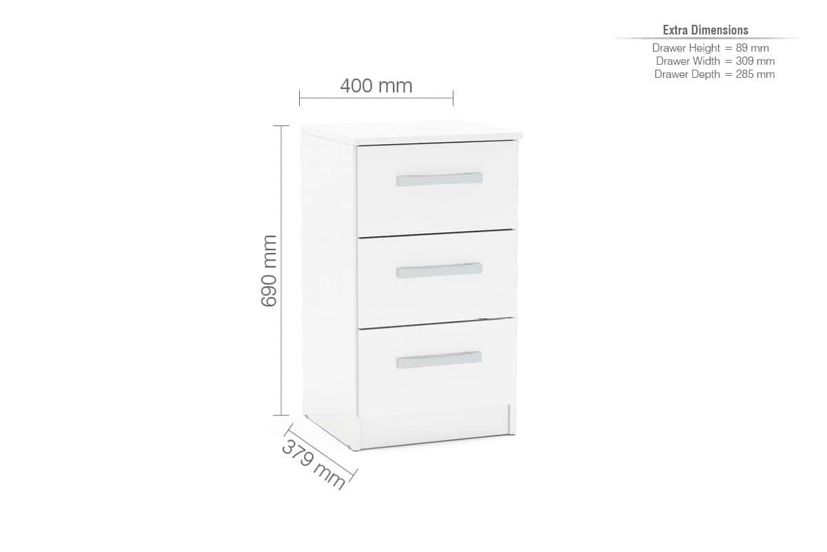 Lynx 3 Drawer Bedside - White - Image 2