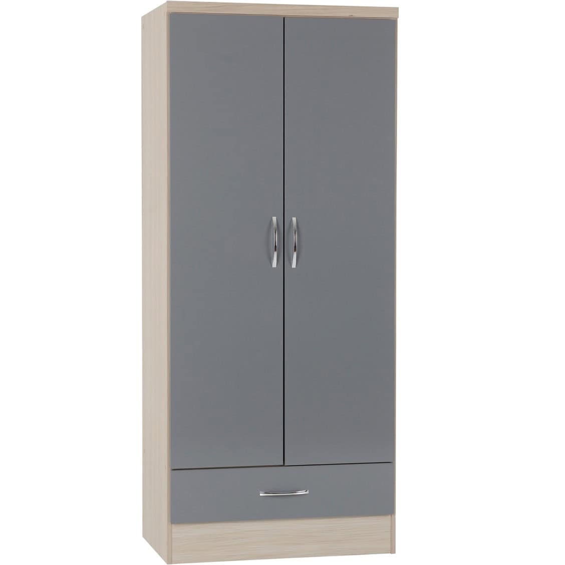 Nevada 2 Door 1 Drawer Wardrobe - Grey Gloss/Light Oak | Buy Online | Beds.ie
