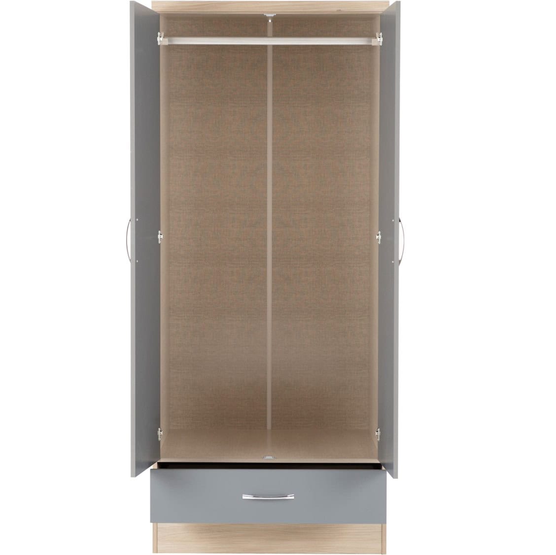 Nevada 2 Door 1 Drawer Wardrobe - Grey Gloss/Light Oak - Image 2