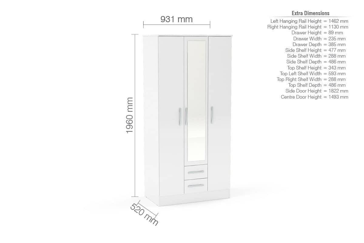 Lynx 3 Door 2 Drawer Robe with Mirror - White - Image 3