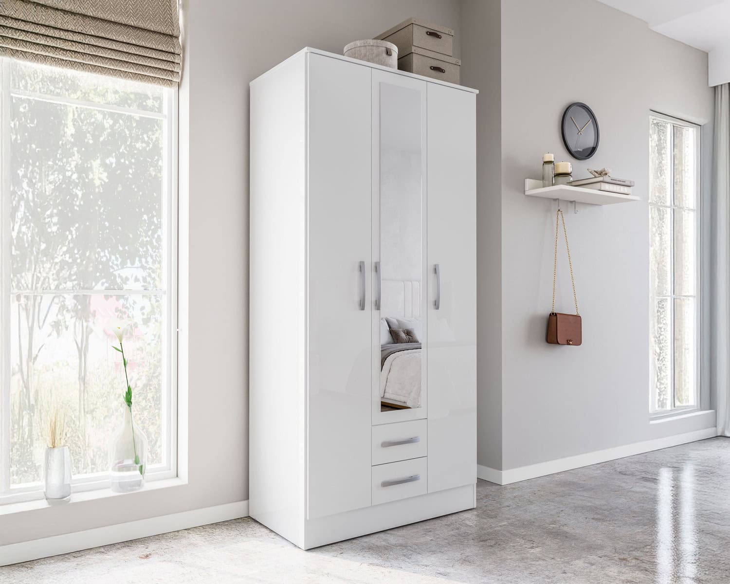 Lynx 3 Door 2 Drawer Robe with Mirror - White - Image 4