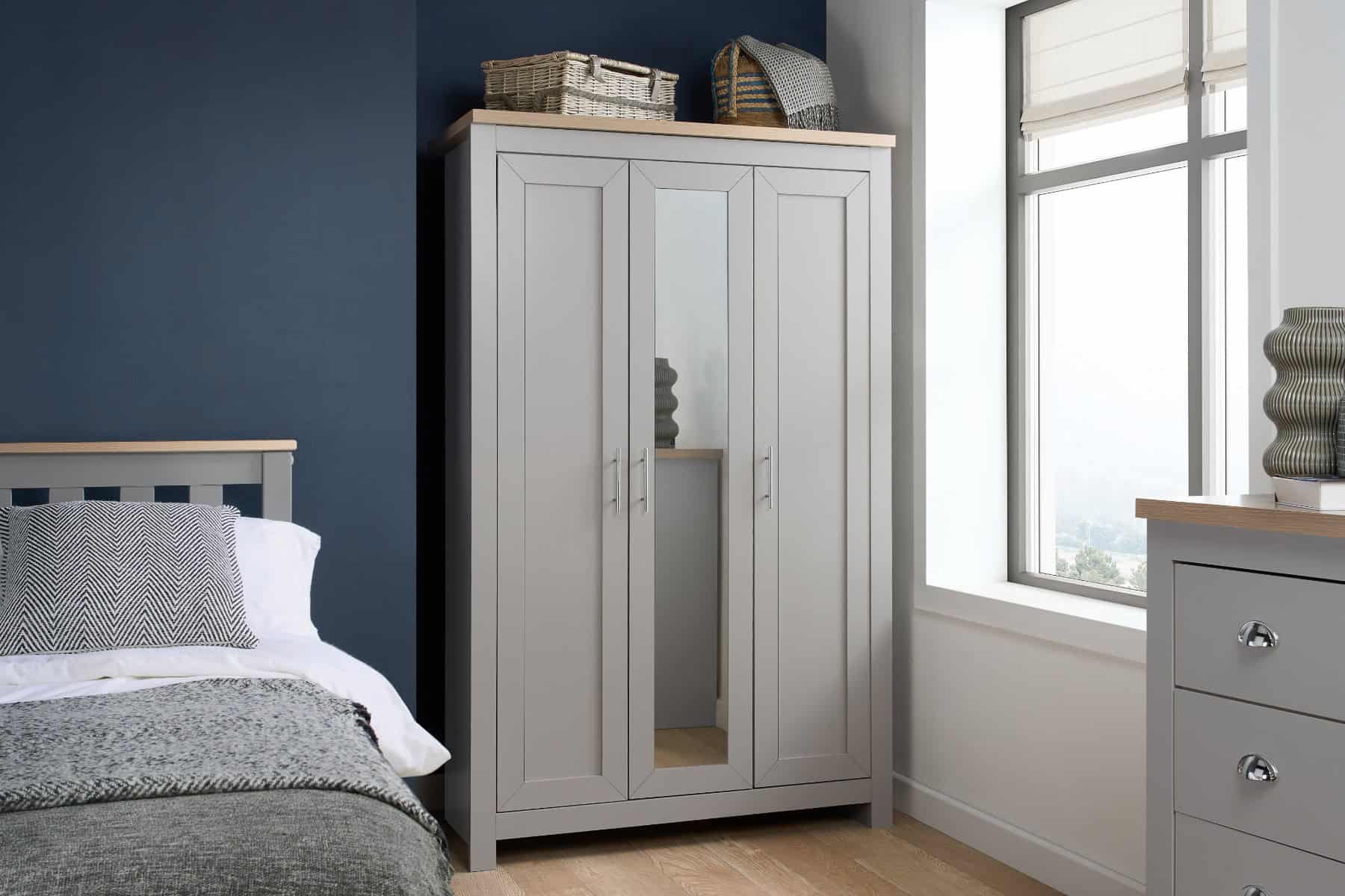 Highgate 3 Door Wardrobe with Mirrored Door - Grey & Oak | Buy Online | Beds.ie