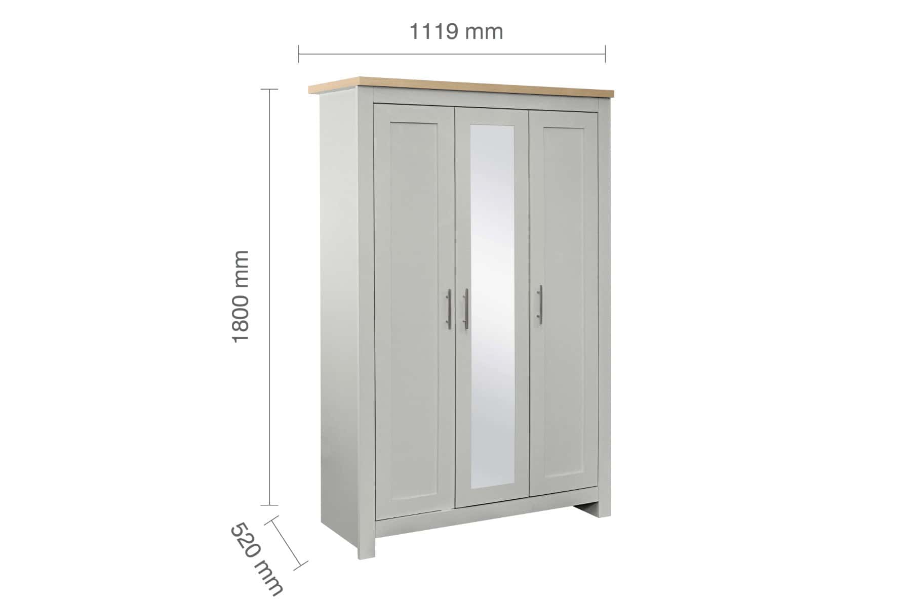 Highgate 3 Door Wardrobe with Mirrored Door - Grey & Oak - Image 6