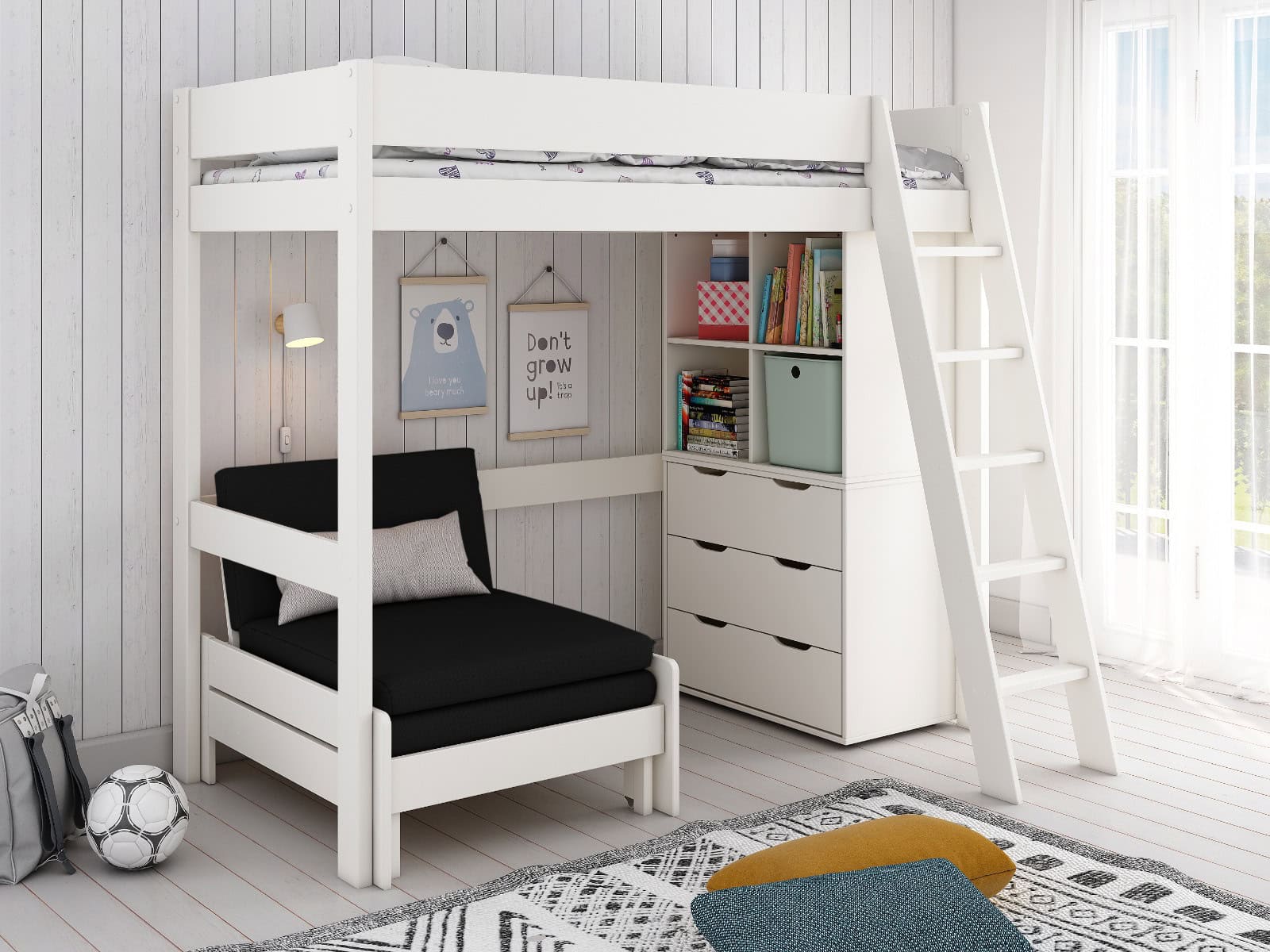 Kids Avenue Estella White Highsleeper with Black Sofa Bed & Storage | Buy Online | Beds.ie