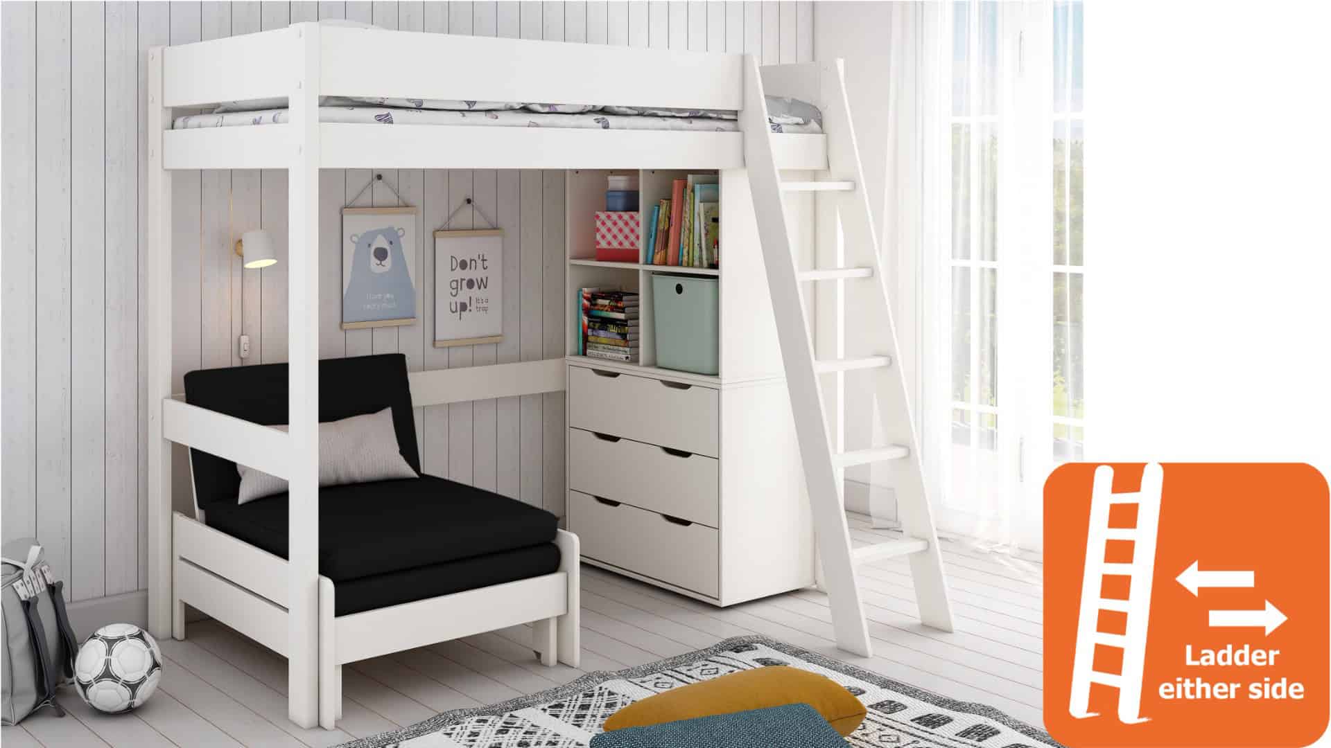 Kids Avenue Estella White Highsleeper with Black Sofa Bed & Storage - Image 4