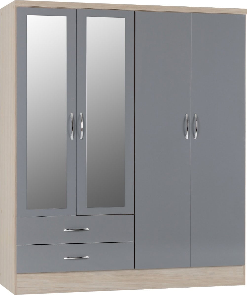 Nevada 4 Door 2 Drawer Mirrored Wardrobe - Grey Gloss & Oak | Buy Online | Beds.ie