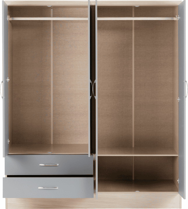 Nevada 4 Door 2 Drawer Mirrored Wardrobe - Grey Gloss & Oak - Image 2