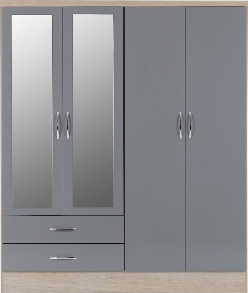 Nevada 4 Door 2 Drawer Mirrored Wardrobe - Grey Gloss & Oak - Image 4