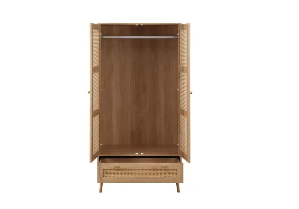 Croxley 2 Door 1 Drawer Rattan Wardrobe - Oak - Image 6