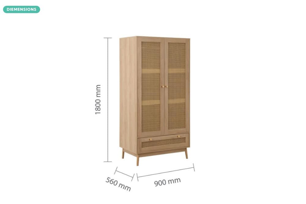 Croxley 2 Door 1 Drawer Rattan Wardrobe - Oak - Image 7