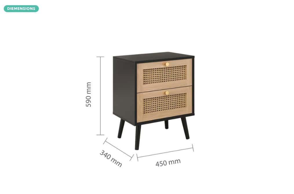 Croxley 2 Drawer Rattan Bedside - Black - Image 7