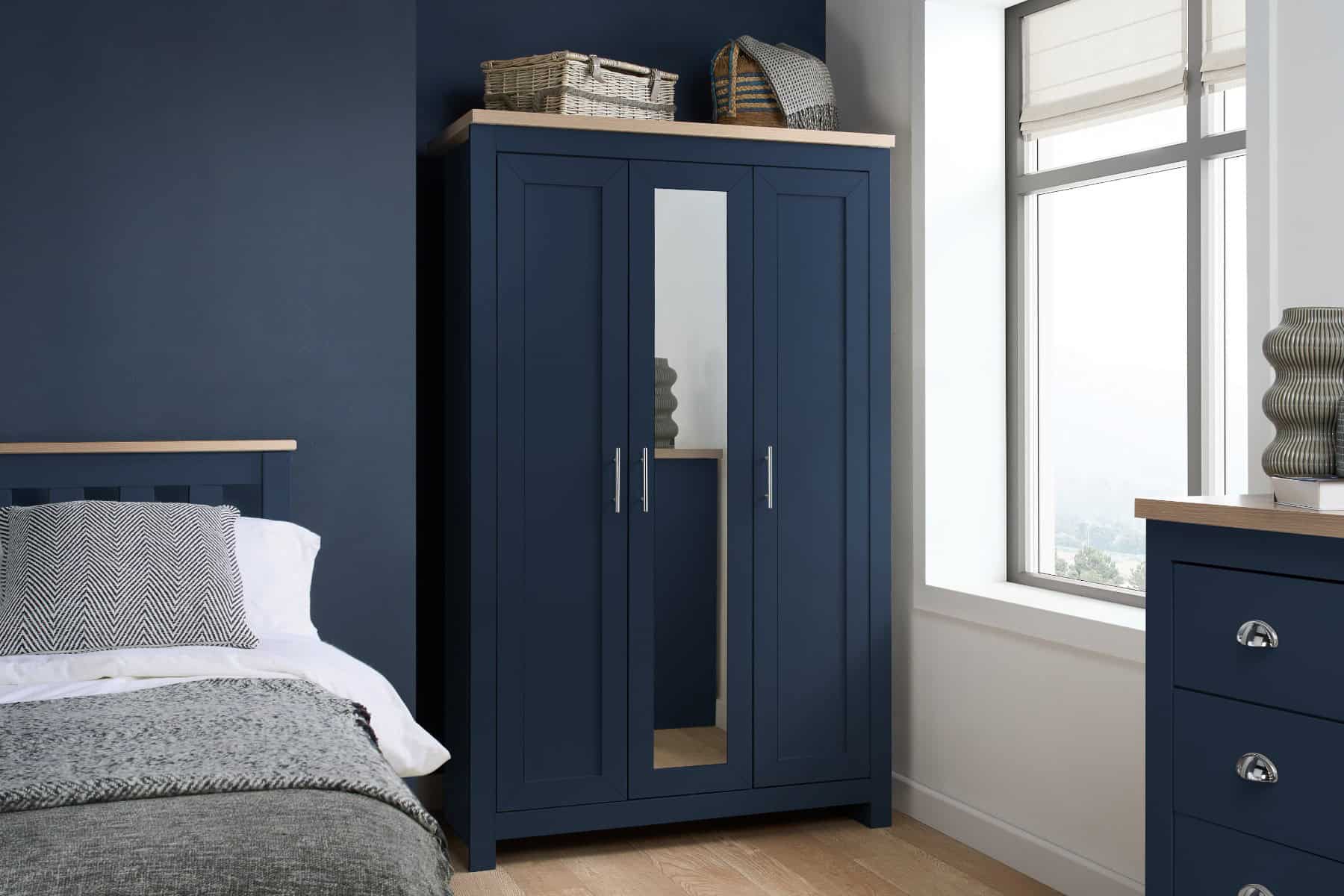 Highgate 3 Door Wardrobe with Mirrored Door - Navy & Oak | Buy Online | Beds.ie