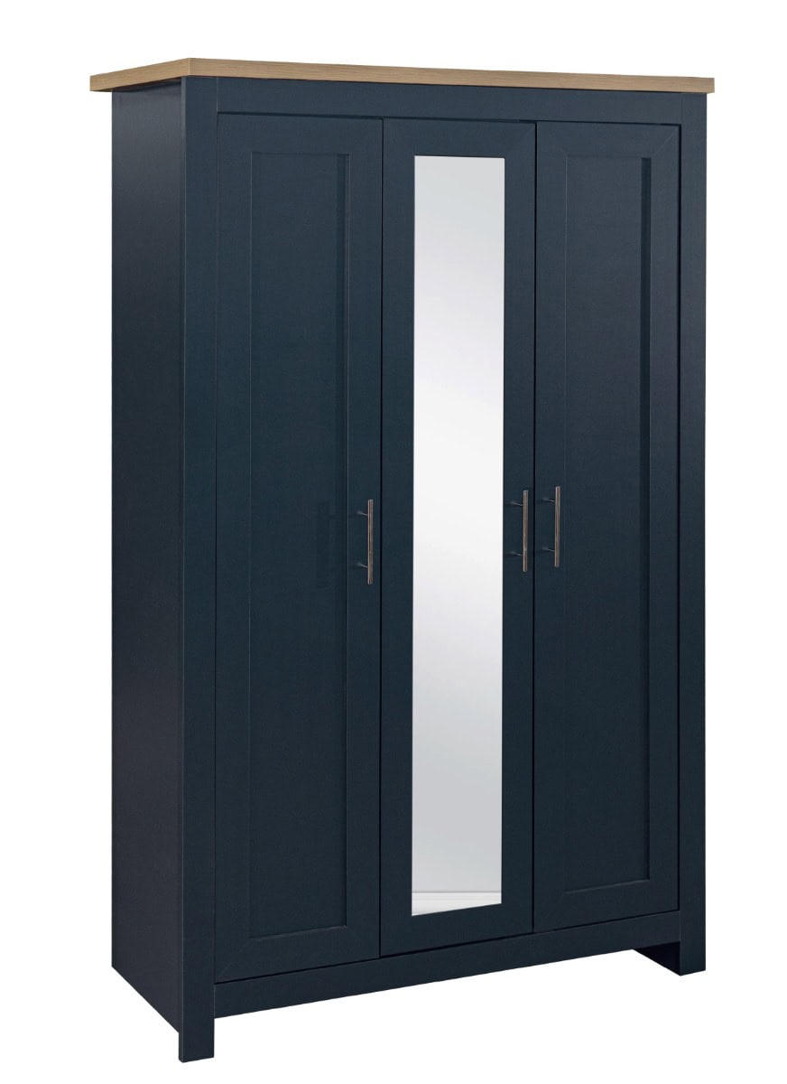 Highgate 3 Door Wardrobe with Mirrored Door - Navy & Oak - Image 2