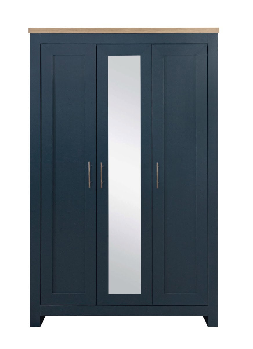 Highgate 3 Door Wardrobe with Mirrored Door - Navy & Oak - Image 4