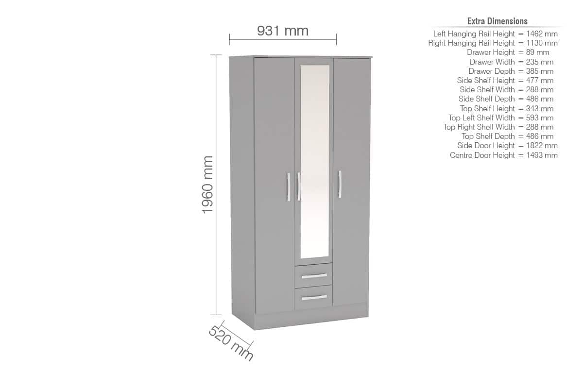 Lynx 3 Door 2 Drawer Robe with Mirror - Grey - Image 3