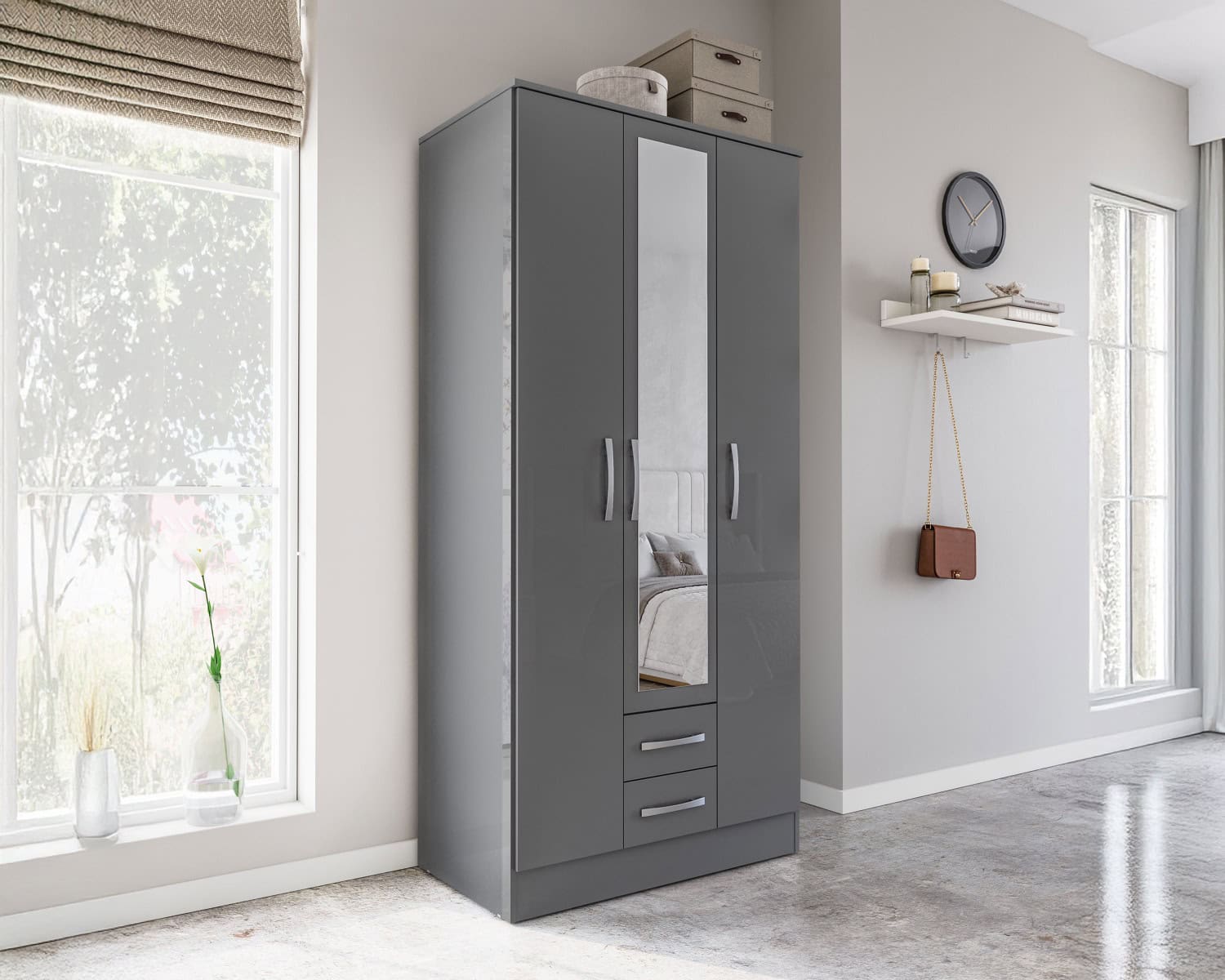 Lynx 3 Door 2 Drawer Robe with Mirror - Grey - Image 4