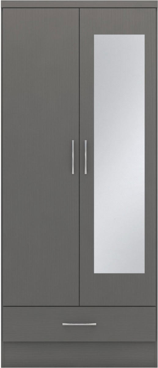 Nevada Mirrored 2 Door 1 Drawer Wardrobe - 3D Effect Grey - Image 2