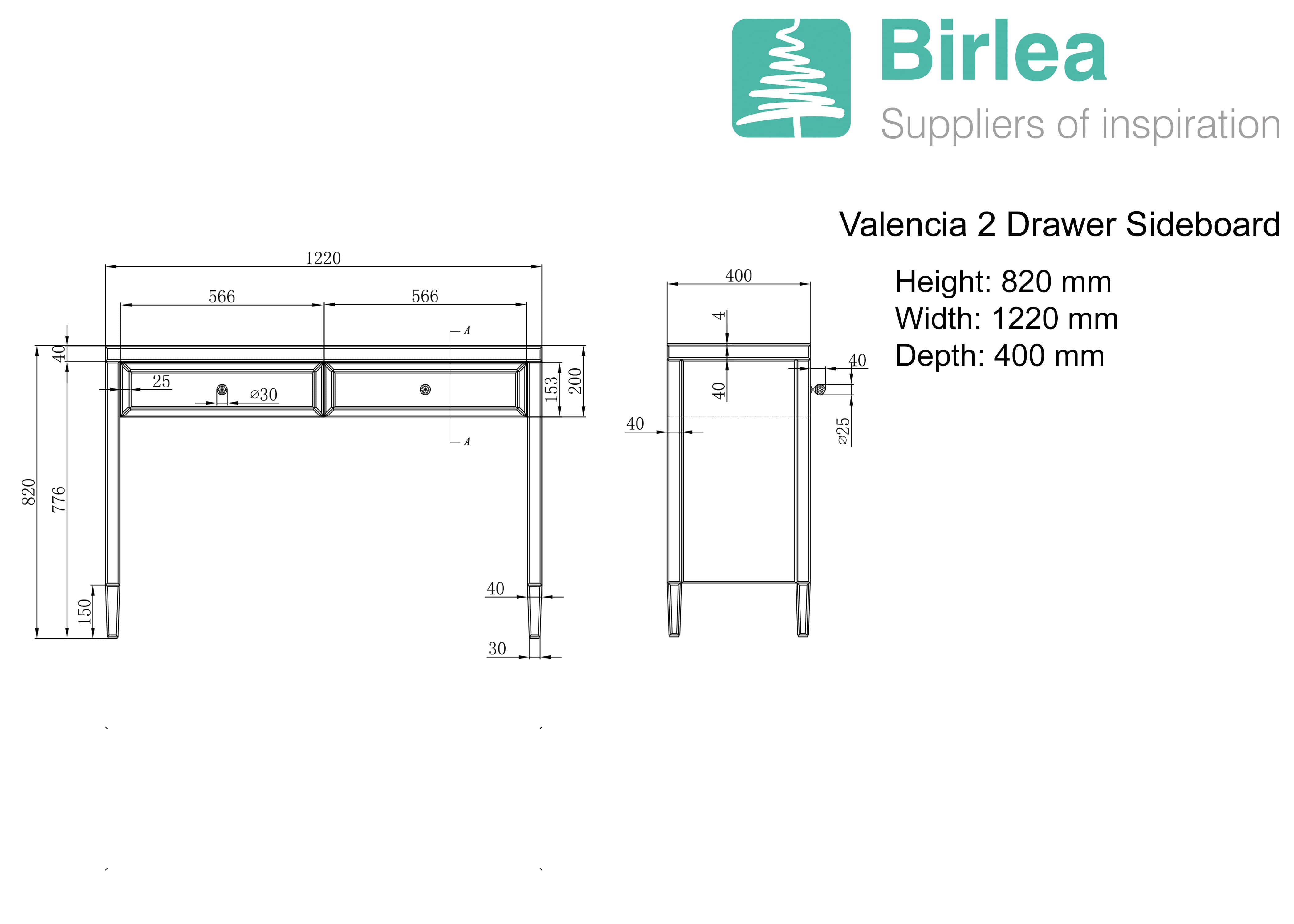 Valencia Mirrored 2 Drawer Dressing Table - Image 4