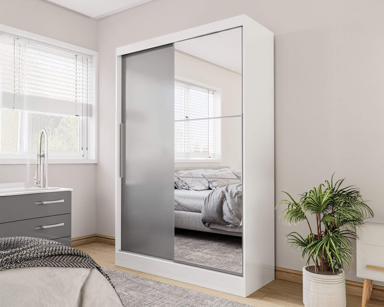 Lynx 2 Door Sliding Wardrobe With Mirror - White & Grey - Image 4