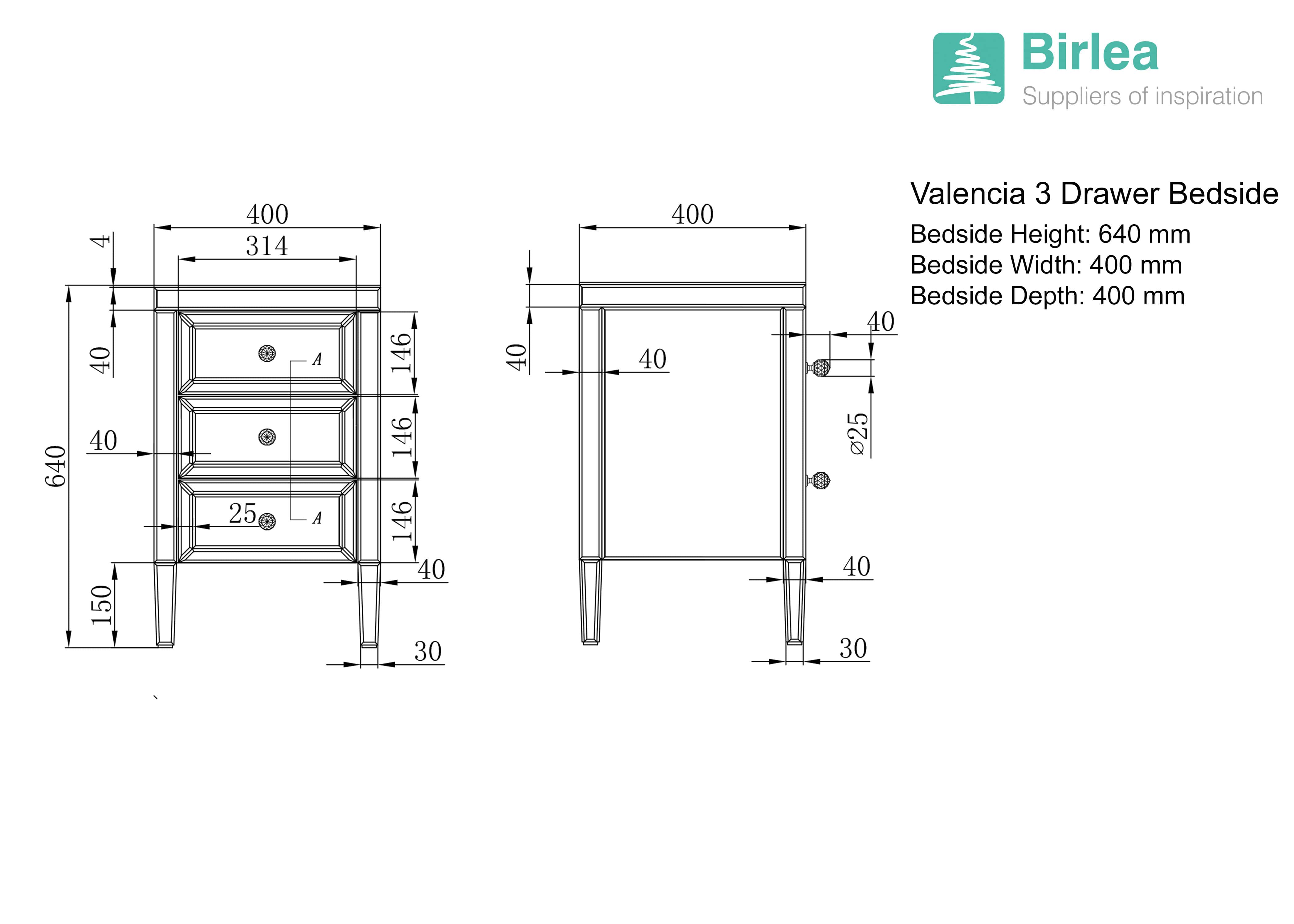 Valencia Mirrored 3 Drawer Bedside - Image 4
