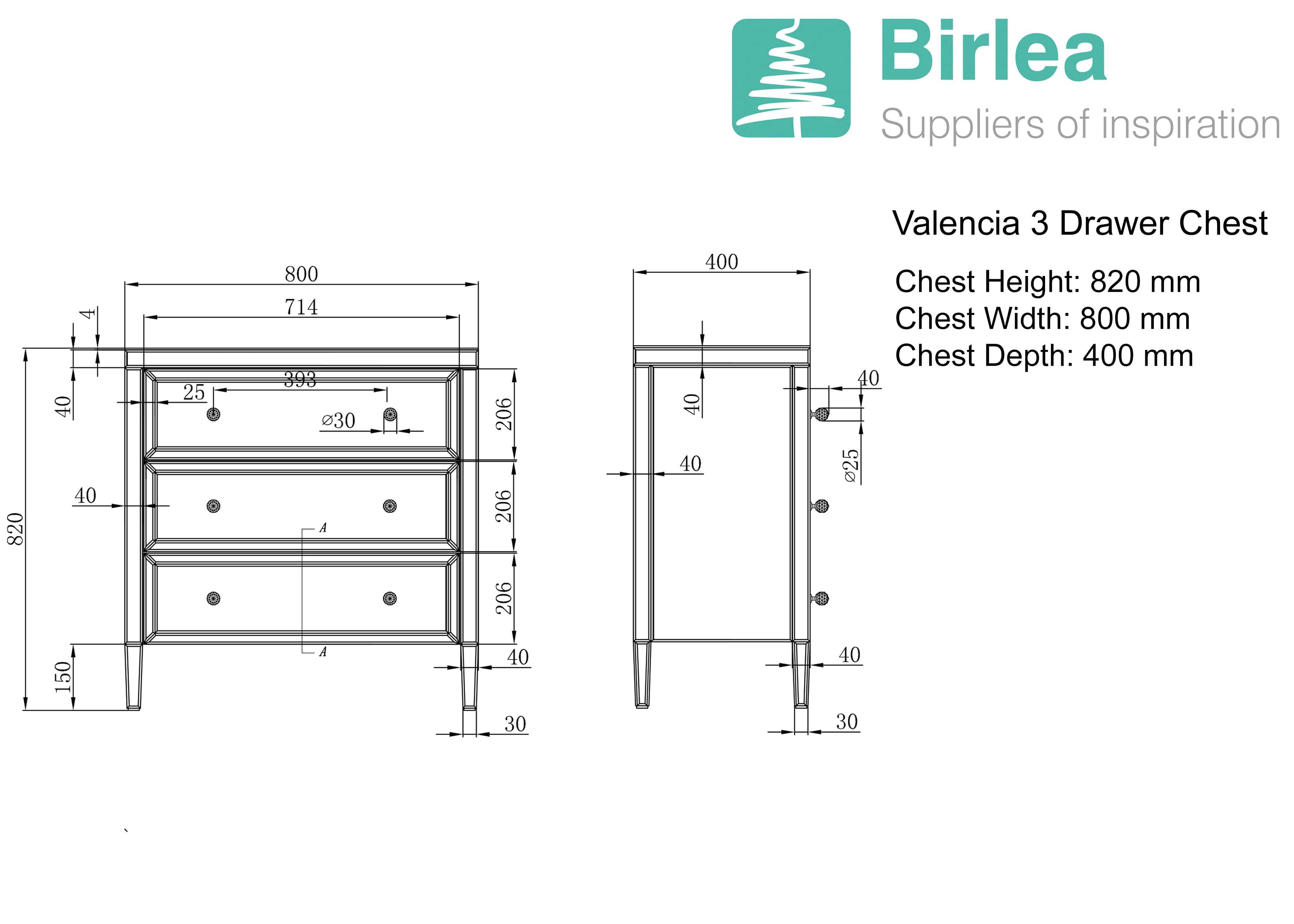 Valencia Mirrored 3 Drawer Chest - Image 4