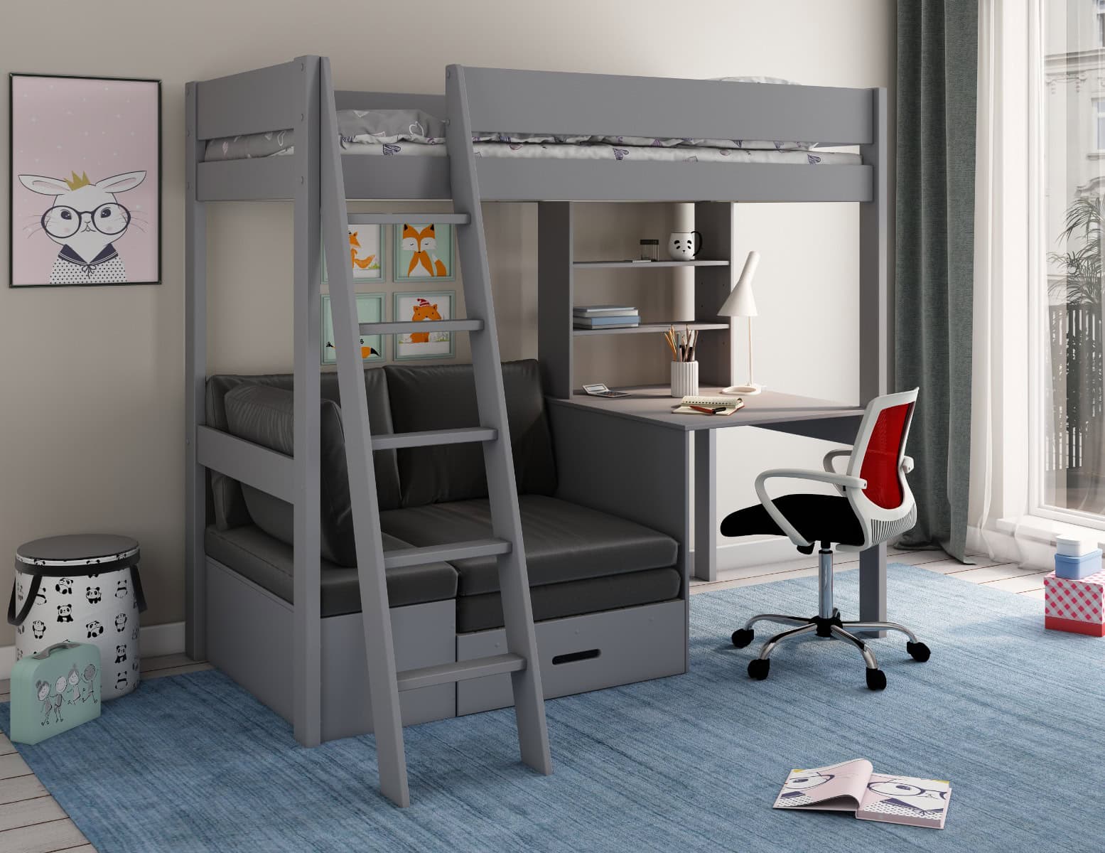 Kids Avenue Estella Grey Highsleeper with Black Sofa Bed | Buy Online | Beds.ie