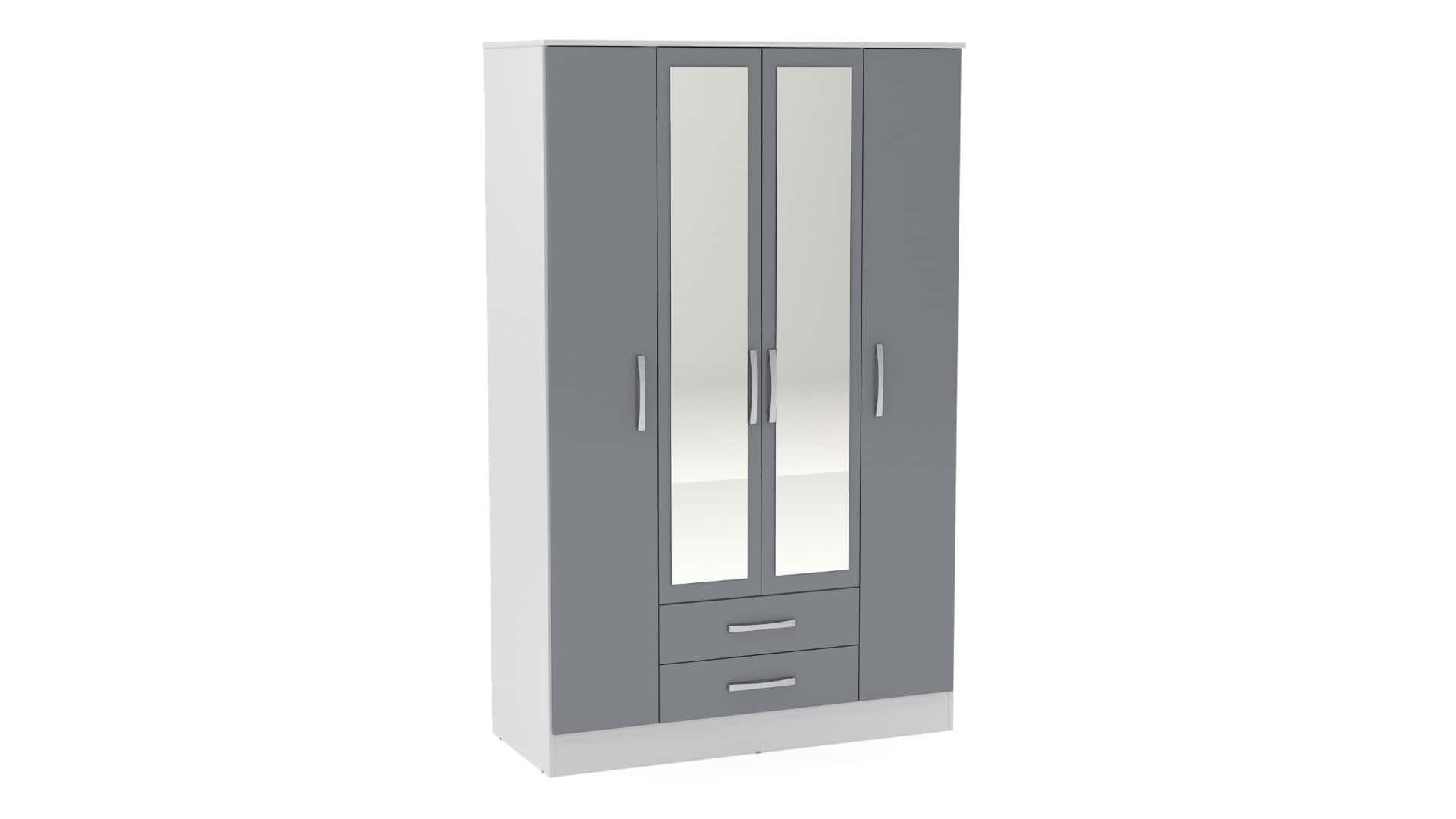 Lynx 4 Door 2 Drawer Wardrobe With Mirror - White & Grey | Buy Online | Beds.ie