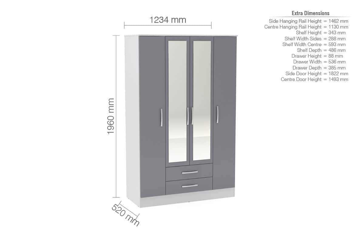 Lynx 4 Door 2 Drawer Wardrobe With Mirror - White & Grey - Image 3