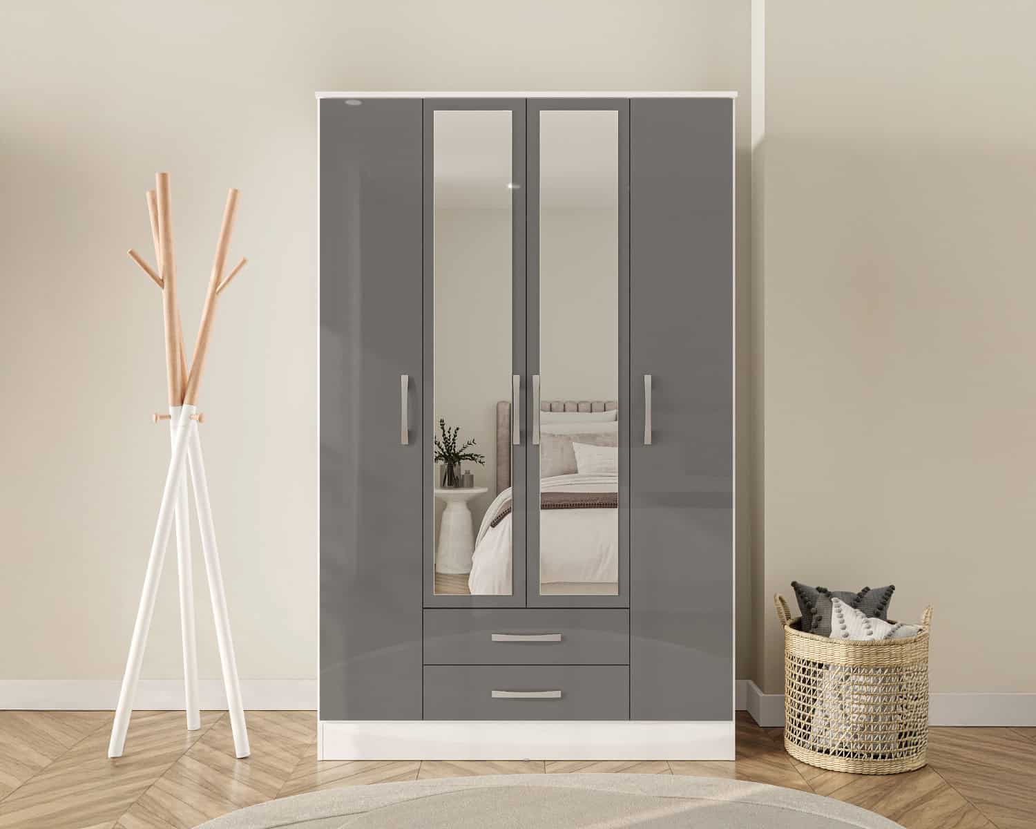 Lynx 4 Door 2 Drawer Wardrobe With Mirror - White & Grey - Image 4