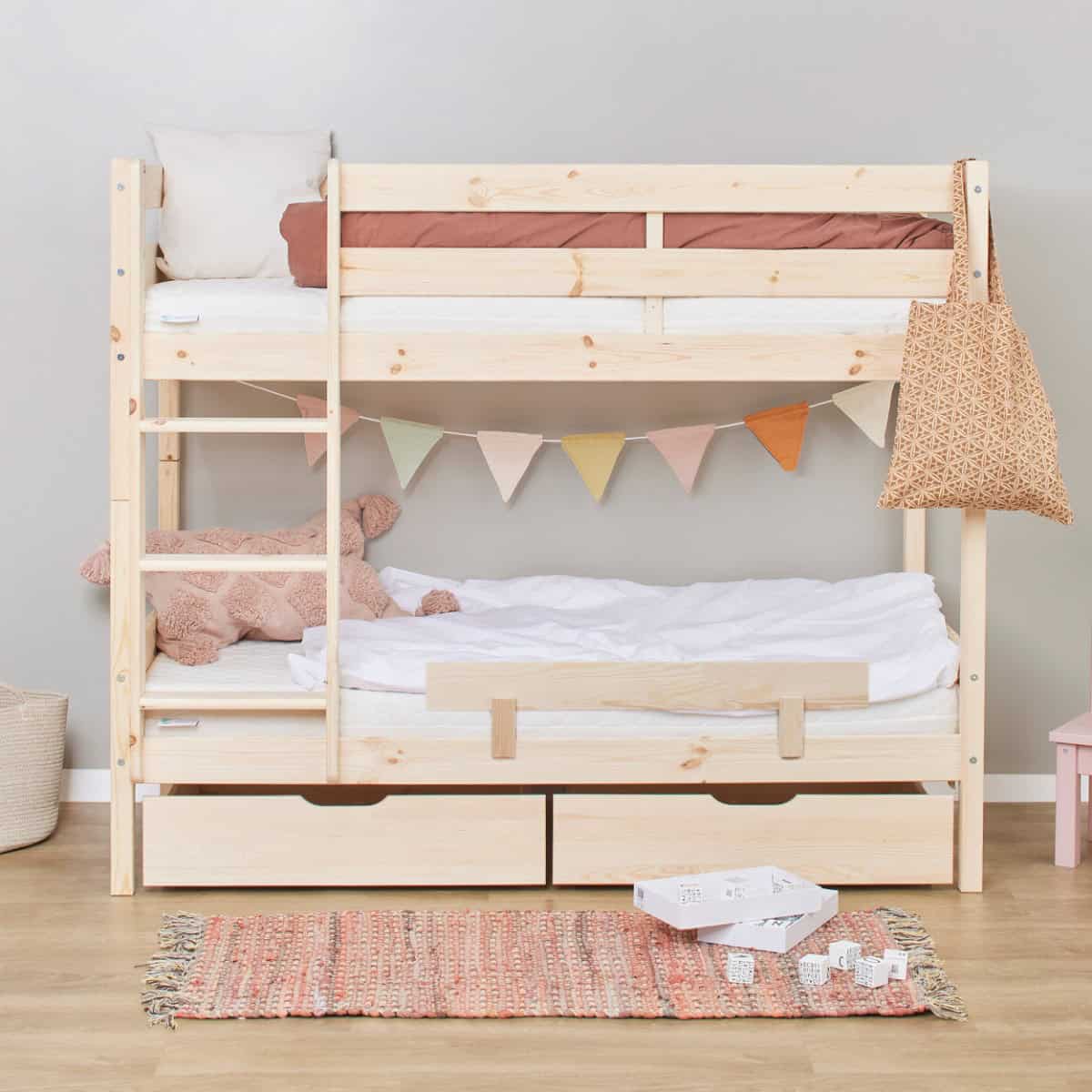 Hoppekids Shorty Bunkbed with Safety Rial & Drawers - Natural - Image 2