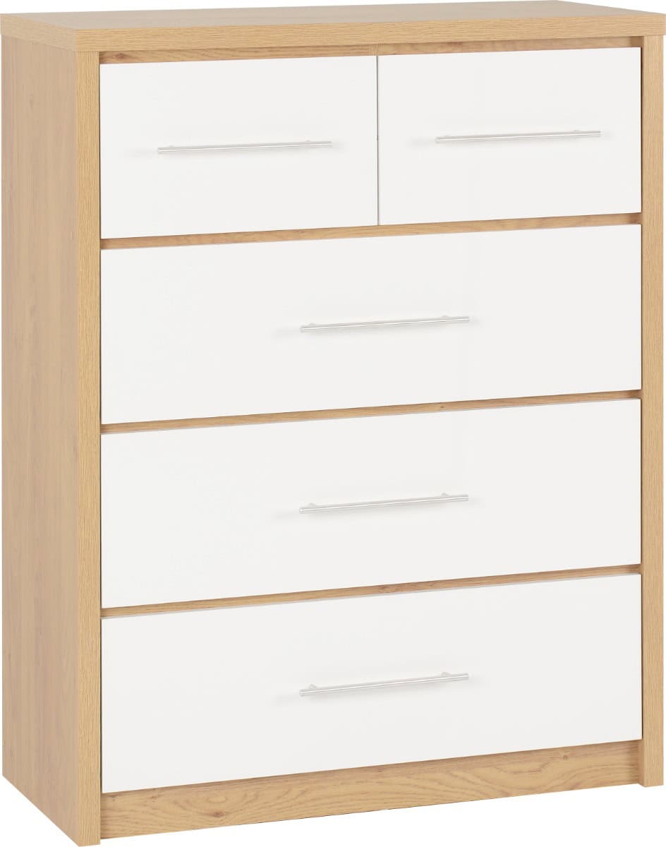 Seville 3+2 Drawer Chest - White High Gloss/Light Oak | Buy Online | Beds.ie