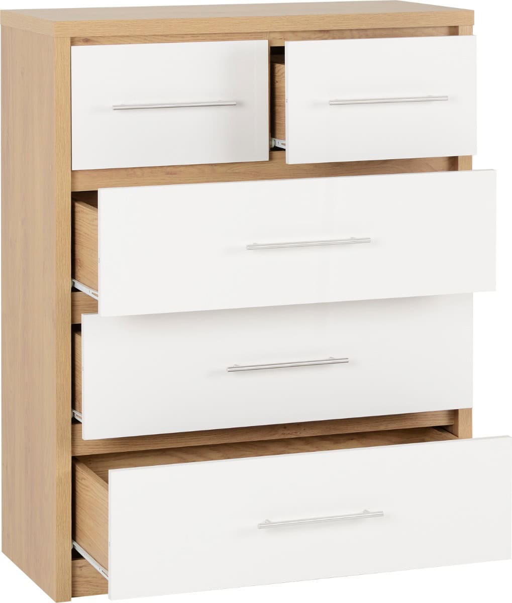 Seville 3+2 Drawer Chest - White High Gloss/Light Oak - Image 2