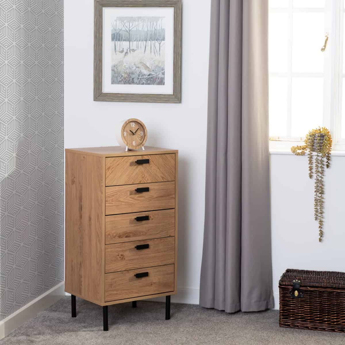 Leon 5 Drawer Narrow Chest - Medium Oak Effect | Buy Online | Beds.ie