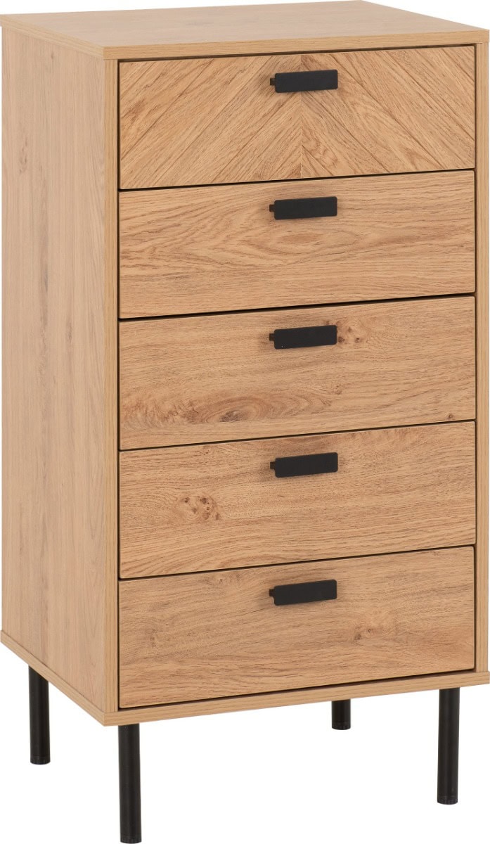 Leon 5 Drawer Narrow Chest - Medium Oak Effect - Image 2