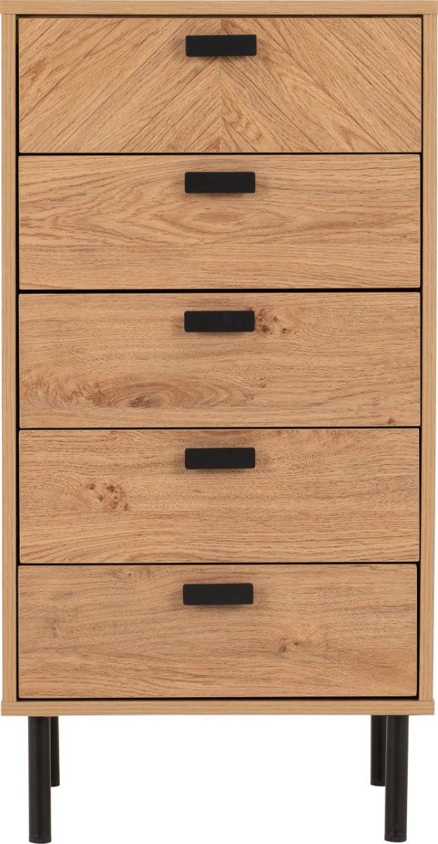 Leon 5 Drawer Narrow Chest - Medium Oak Effect - Image 3