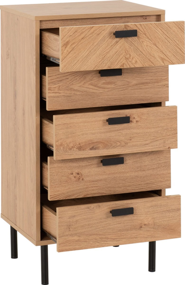 Leon 5 Drawer Narrow Chest - Medium Oak Effect - Image 4