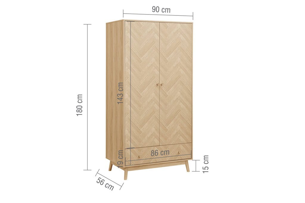 Herringford 2 Door 1 Drawer Wardrobe - Oak - Image 10