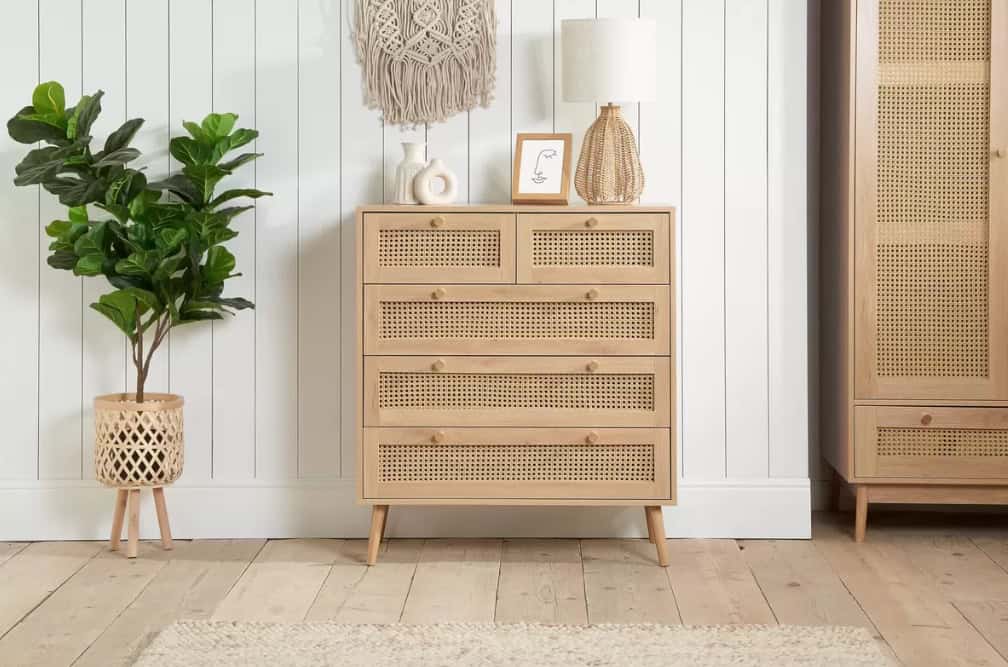Croxley 5 Drawer Rattan Chest - Oak | Buy Online | Beds.ie