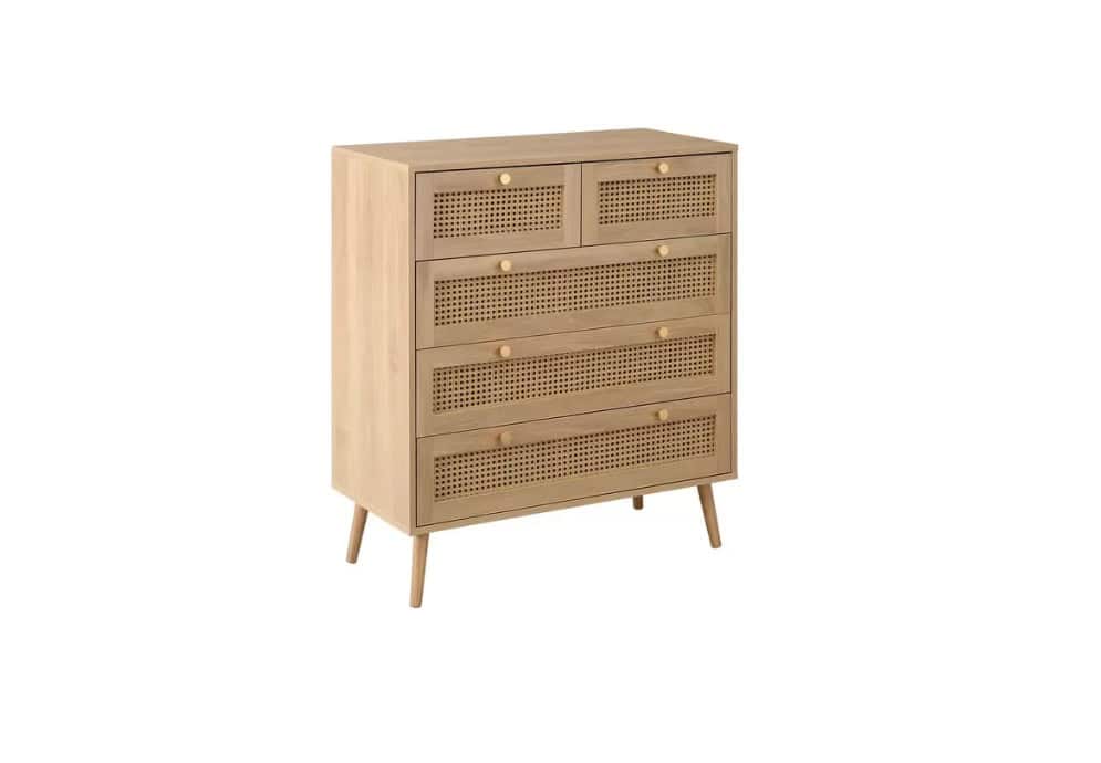 Croxley 5 Drawer Rattan Chest - Oak - Image 4