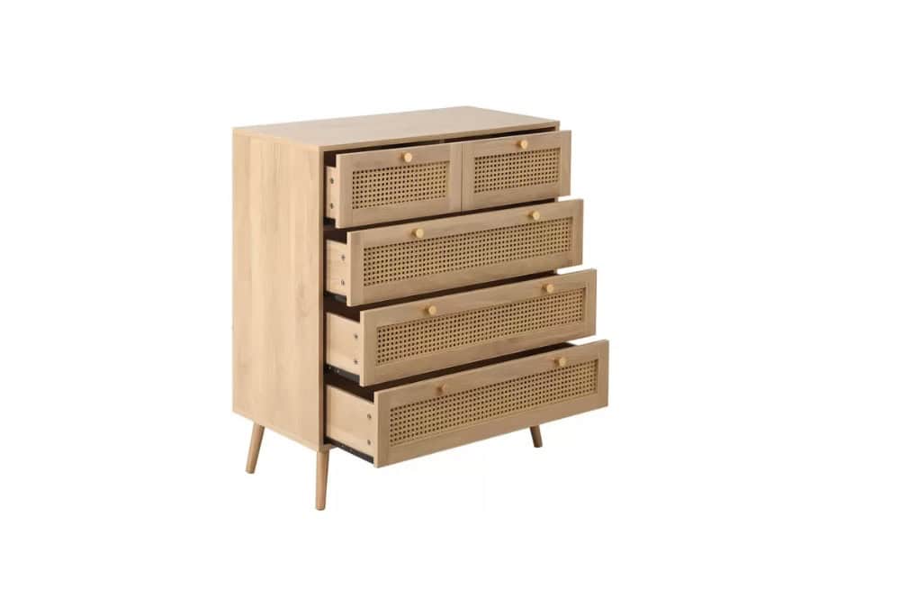 Croxley 5 Drawer Rattan Chest - Oak - Image 5